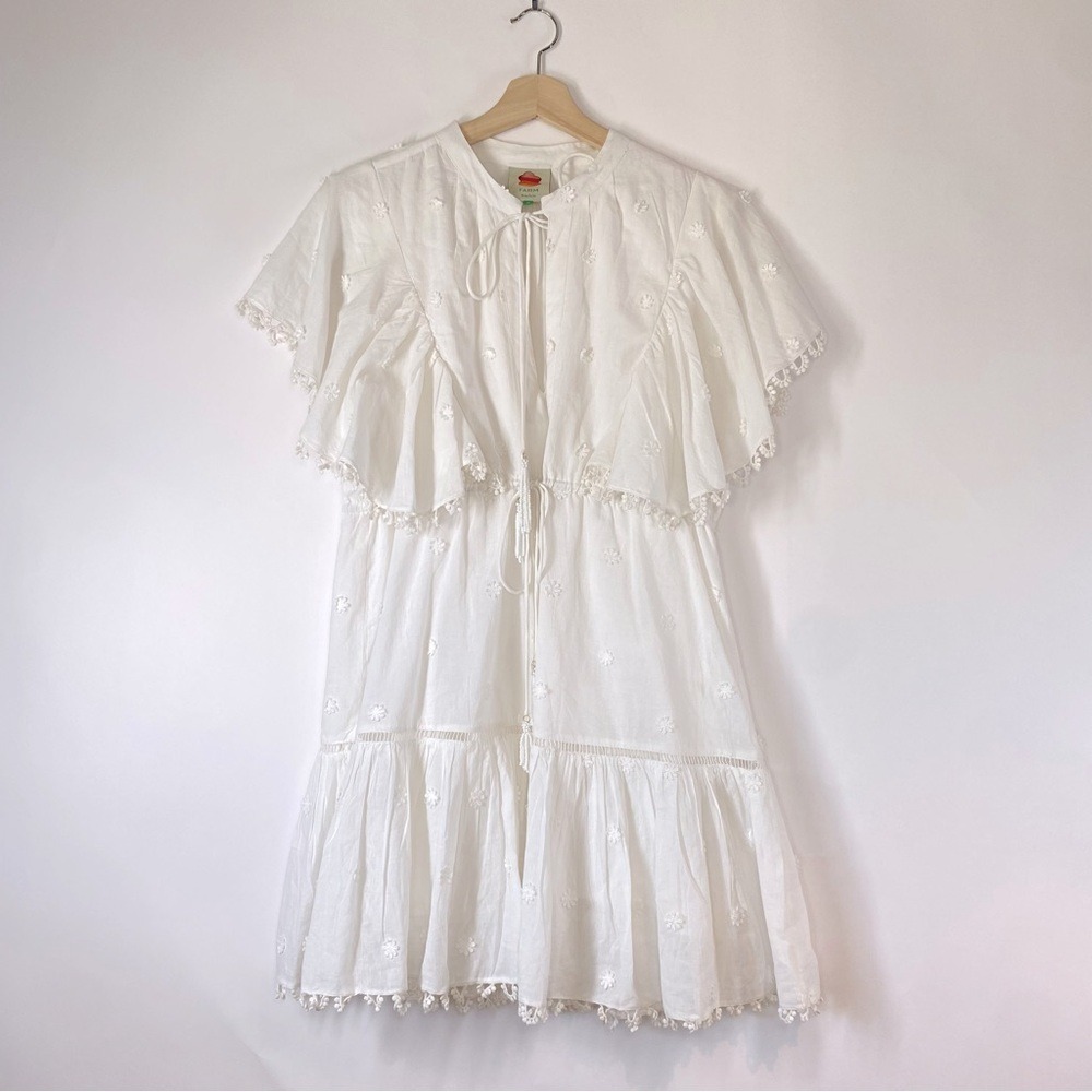 Farm Rio Cottage White Floral Embroidered Eyelet Cotton Beaded Tie Dress Size M